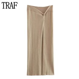 TRAF Knit Maxi Skirt Women High Waist Long Skirts for Women Knot Slit Summer Woman Skirt Streetwear Straight Women's Skirt 240111