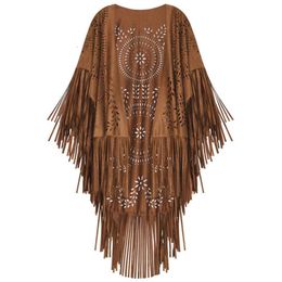 Shawls Camel Suede Floral Hollow Out Fringe Tassel Shawl Women Vintage Capes Ponchos Autumn Bohemian cardigan Cloak Boho 230201281i