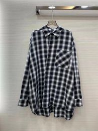 Women's Blouses 2024 Women Fashion Long Sleeves Sexy Casual Pockets Plaid Irregular Hem Loose Shirt 1210