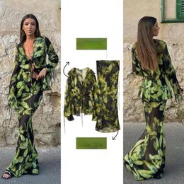 Work Dresses Leaf Printed Women 2 Piece Set Long Sleeve Lace Up Mesh Shirts Maxi Skirts Matching 2024 Summer Y2K Clothing Tracksuit