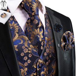 Vests HiTie 25 Colours Silk Mens Vest Jacquard Waistcoat Tie Pocket Square Cufflinks Corsage Set Waist Jacket for Men Wedding Business