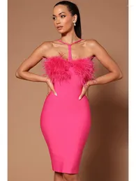 Casual Dresses STOCK Summer Women Sexy Feather Pink Black Mini Bodycon Bandage Dress Birthday Stage Costume Evening Club Party