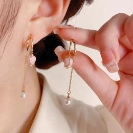 2024 New Korean Elegant Irregular Pink Tulip Long Tassel 14k Yellow Gold Earrings For Women Fashion Pearl Jewellery Gifts