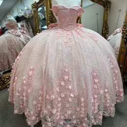 Pink Shiny Quinceanera Dresses Off the Shoulder Applique Lace Beads Ball Gown Birthday Party Dress Lace Up Graduation Gown Vestido De 15