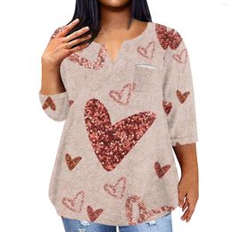 Women's T Shirts Large Size Loose T-Shirt Three Quarter Sleeve Fashion Casual Valentine'S Day Printed Round Neck Tops