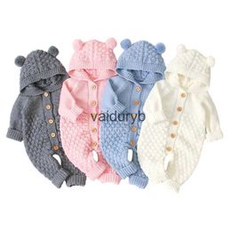 Rompers 2023 Baby Knitted Hooded Jumpsuits Winter Fleece Infant Kids Romper Pompoms Hat Autumn Long Sleeve Bodysuits Outfits 0-24Mvaiduryb