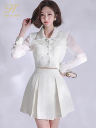 H Han Queen Autumn 2Piece Set White Short SingleBreasted Top Fashion Mini ALine Skirt Korean Chic Casual Women Suit 240110