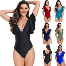 Women's Swimwear 2024 Plus Size Sexy Ruffle Print Floral One Piece Swimsuit Women Solid Deep-V Beachwear Bathing Suit Monkini