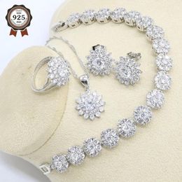 Sets White Zircon 925 Silver Wedding Jewellery Set for Women Bracelet Stud Earring Necklace Pendant Ring Gift Box