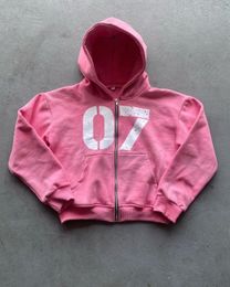 Pink grunge oversized sweatshirt zip up hoodie Letter printing hoodies women goth y2k tops harajuku streetwear clothes 240111