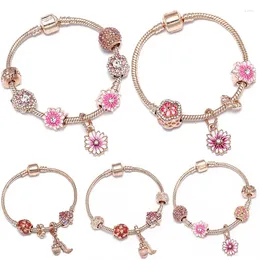 Charm Bracelets Pink Enamel Daisy Charms Bracelet Women Rose Color Bangles Men Hazelnut Pendant Cute Daisies Beads For Jewelry