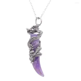 Pendant Necklaces Vintage Man Crystal Dragon Natural Stone Pink Quartz Obsidian Amethyst Charm Stainless Steel Chain Amulet