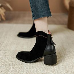 Boots 2024 Retro Kid Suede Cow Leather Patchwork Modern For Women Concise Back Zip Chunky Heels Splicing Short Winter