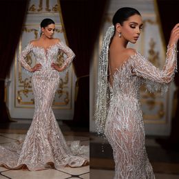 Tassel Gorgeous Crystal Mermaid Wedding Off Shoulder Bridal Gowns V Neck See Through Long Sleeves Bride Dresses Custom Made