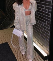 Sexy Glitter Blazer and Pants Suits Sleeveless Sequins Crop Top Bra 3 Piece Set Women Summer High Waist 240110