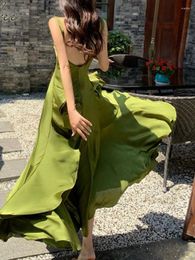 Casual Dresses Herstory 2024 Summer Women Long Satin Dress Sleeveless Sexy Backless Green Silk Slit Ruffle Maxi Beach