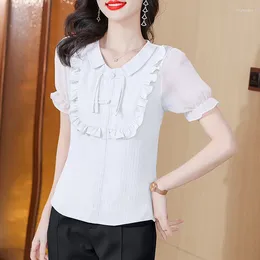 Women's Blouses 2024 Summer Fashion Trend Retro Plate Button Doll Collar Versatile Solid Colour Commuter Casual Short Sleeve Shirt