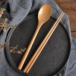 Dinnerware Sets Wooden Spoon Chopsticks Set Korean Wood Soup For Eating Mixing Strring Handle Housewear & Furnishings Dropshiping