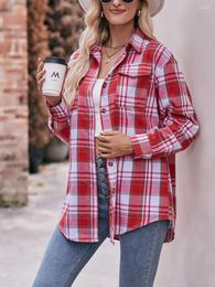 Women's Blouses Retro Oversized Plaid Shawl Curled Top 2024 Autumn And Winter European American Casual Fashion Loose Shirt