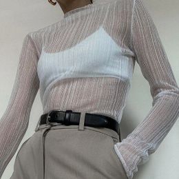 2023 Fall Elegant See Through Long Sleeve Mock Neck Women Tops Fashion Streetwear Sexy T-Shirts Tees Slim