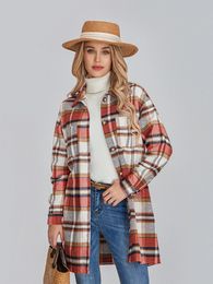 wsevypo Women's Plaid Print Shacket Autumn Casual Long Sleeve Lapel Neck Button Down Casual Jackets Street Loose Flannel Coat 240111