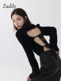 Zadily Winter Korean Style Slim Long Sleeve Mohair Sweater Women Sexy Backless Bandage Ladies Crop Top Fall Female Pullover 240111