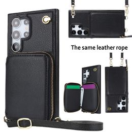 Crossbody Folio Zipper Phone Case for iPhone 15 14 13 12 11 Pro Max Samsung Galaxy S24 S22 S23 Ultra S23FE RFID Blocking Multiple Card Slots Leather Wallet Bracket Shell