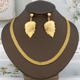 Necklace Earrings Set Dubai Gold Colour Jewellery For Women Leaf Shape Dangle Chain Bridal Wedding Engagement Party Gift