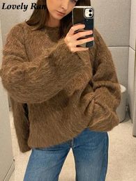 Women's solid thick O-neck Mohair sweater oversized cashmere long sleeves warm drawing elegant women's street jumper for winter 2023 240110