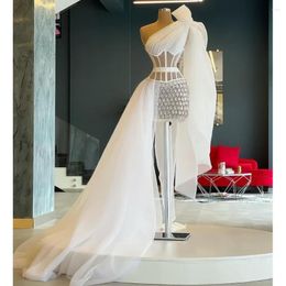 Party Dresses White Mini Prom With Crystal Sequined Luxury One-Shoulder Sweep Train Short Skirt Robe Birthday Evening