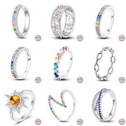 2023 Real 925 Sterling Silver Colorful sun flower Cubic Zircon Rings brillion For Women Wedding Engagement Birthday Jewelry Gift