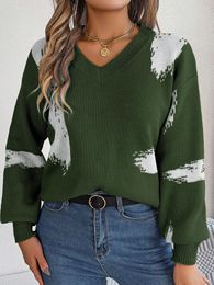 Women's Sweaters 2024 Autumn Loose Knit Pullovers Tops Fashion Ladies Irregular Pattern Print Long Sleeve V-Neck Knitwear