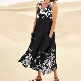 Casual Dresses Floral Print Maxi Dress For Women Summer Loose Tank Long Bohemian Pockets Beach Sundress Women's Cotton