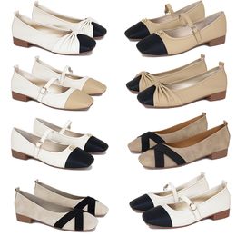 2024 designer women shoes New Bow Coloured Beige black Low Heel Square Head Shallow Mouth Single Shoes 36-41