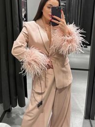 Women Chic Feather Sleeve Blazer Suit Fashion Loose Solid Pleated Wideleg Trousers 2 Piece Set Summer Female Pants 240110