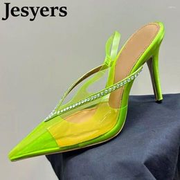 Dress Shoes Women Rhinestone Decor Back Strap Thin Heel Sandals Pointed Toe Closed PVC Transparent Summer Sexy Party