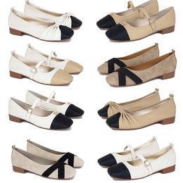 2024 designer women shoes New Bow Coloured Beige black Low Heel Square Head Single Shoes 36-41