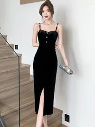Casual Dresses 2024 Black Flannel Chic Sling Long Dress Women Fashion Backless Sexy Club Autumn Winter Korean Vintage Hepburn Gown