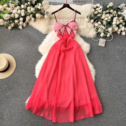 Casual Dresses Holiday Vacation Retro Party Dress Women Design Color-matching Slim-fit Long Slip Hollow Backless Chiffon Boho