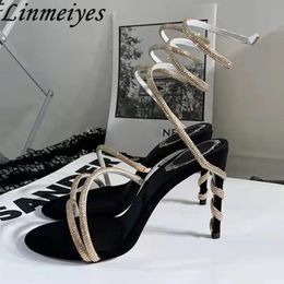 Designer High Heels Frauen Strass -Knöchel Schlange Schnurrund um Hochzeitsfeierschuhe Lady Sommer Gladiator Sandalen Frau 240110