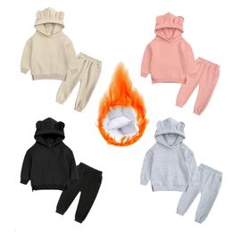 212 Years Old Winter Rabbit Kids Boys Girls Sets Fleece Children Warm Tracksuit Clothing Toddler Hooded Sportsuit Solid Outfits 240110