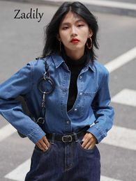 Zadily Spring Vintage Long Sleeve Women Denim Shirt Korea Style Button Up Solid Colour Woman Tunic Loose Blouse Female Tops 240111