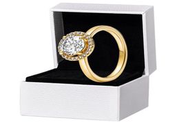NEW Sparkling Round Halo Yellow Gold plated Ring Women Girls Wedding gift with Original box set for 925 Sterling Silver Rings8464612