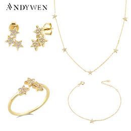 Sets ANDYWEN 925 Sterling Silver Gold Starry Sky Spakle Star Stud Earring Ring Bracelet Necklace Choker Chain Jewellery Set Wedding