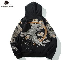 Aolamegs Men039s Fleece Hoodies Japanese Hooded Sweatshirt Dragon Phoenix Embroidery Autumn Retro Casual Pullover High Street T1789226