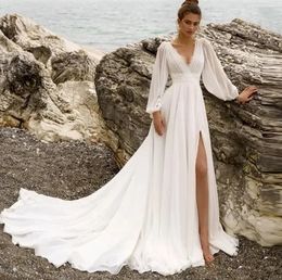 2024 Women's Sexy Wedding Dress High Slit V-neck Lace Chiffon Bridal Gowns Bubble Sleeve Backless Beach Boho Vestidos De Novias