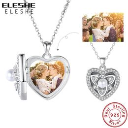 Necklaces ELESHE Authentic 925 Sterling Silver Zircon Pearl Flower Heart Pendant Necklace Personalised Custom Photo Chain Women Jewellery