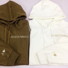 Custom Embroidered Couple Hoodie Personalized Roman Numeral Date Initial Hoodies Anniversary Gift Engagements 240110