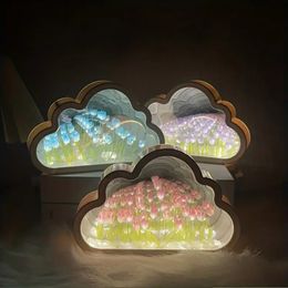 1pc Handmade DIY Creative Gift Tulip Flower Sea Night Light, Atmosphere Lamp, When The Light Is Turned Off, It Functions As A Mirror, And When The Light Is Turned On