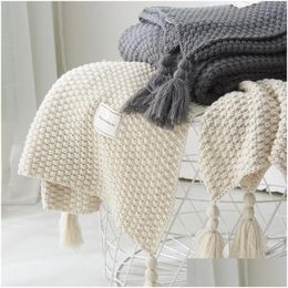 Blankets Holaroom Thread Blanket With Tassel Solid Beige Grey Coffee Throw For Bedroom Sofa Home Textile Fashion Knitted Drop Delive Dhbbh